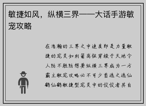 敏捷如风，纵横三界——大话手游敏宠攻略